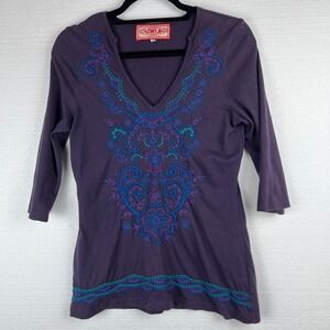 JWLA By Johnny Was Embroidered Tunic Top 3/4 Sleeve V Neck Womens Sz M Purple
